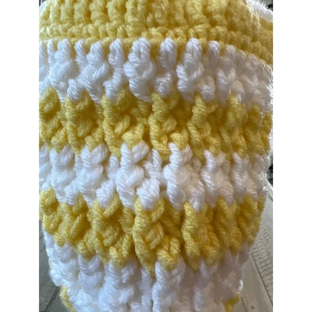Handmade Crochet Striped‎ Beanie Yellow White Floral Accent Winter Hat Womens